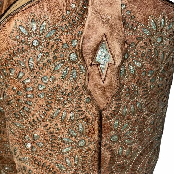 Corral Brown Leather Turquoise Glitter Inlay & Stitching Boots Snip Toe A3352 7M - Picture 3 of 16